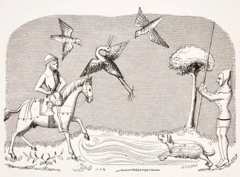 Caza de garzas, reproducción de una miniatura en el manuscrito del siglo XIV 